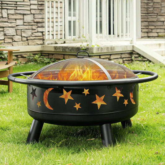 Round Fire Pit With Mesh Cover Star Moon Design Customized