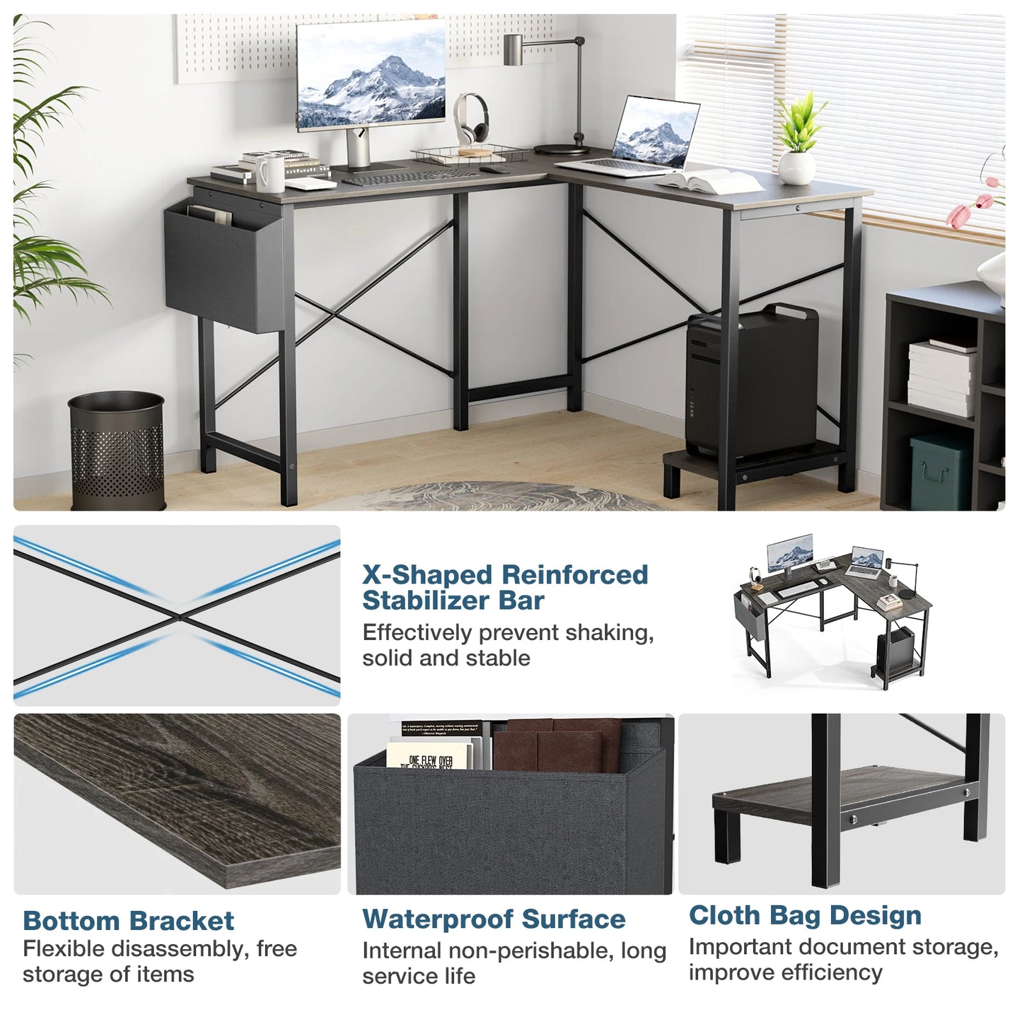 JHK Gaming Desk L Shaped With CPU Storage Shelf Office