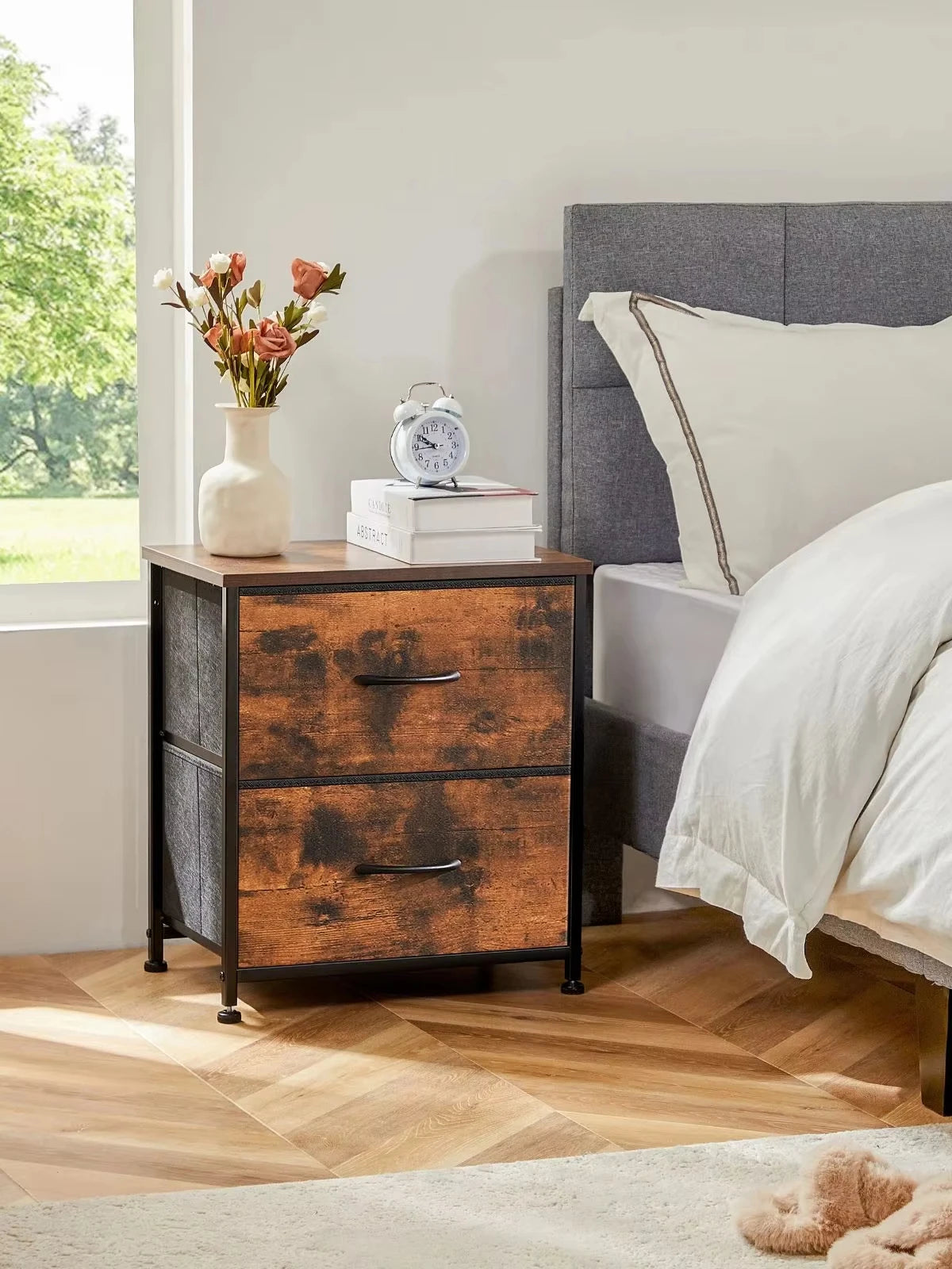 JHK Nightstand Bedside Storage Cabinet With Fabric Drawers