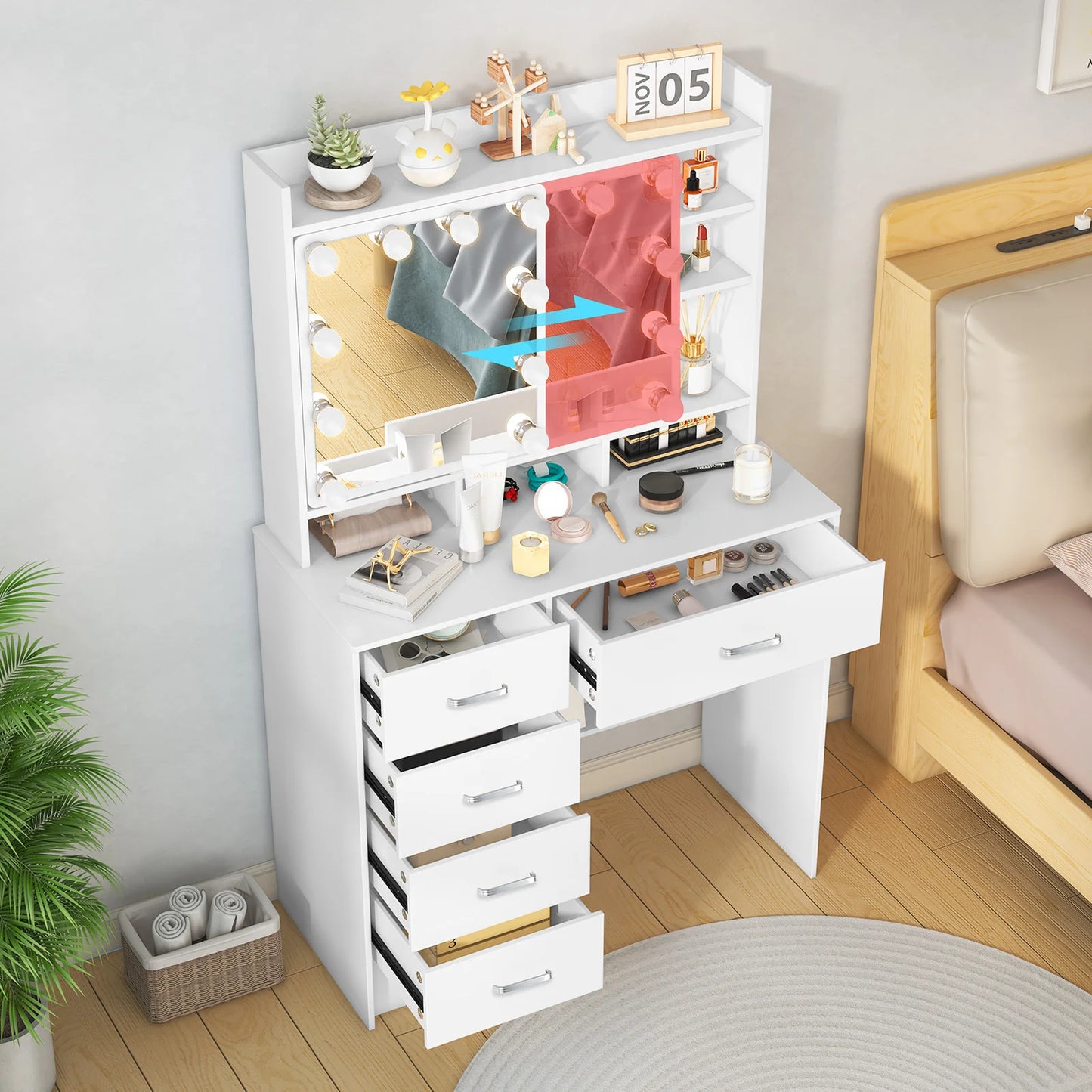 Teousev White Vanity Desk With LED Mirror And 5 Drawers