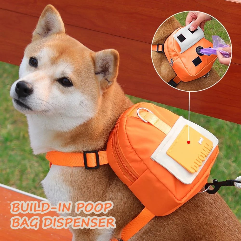 Adjustable Pet Backpack With Harness Leash Travel Treat Pouch
