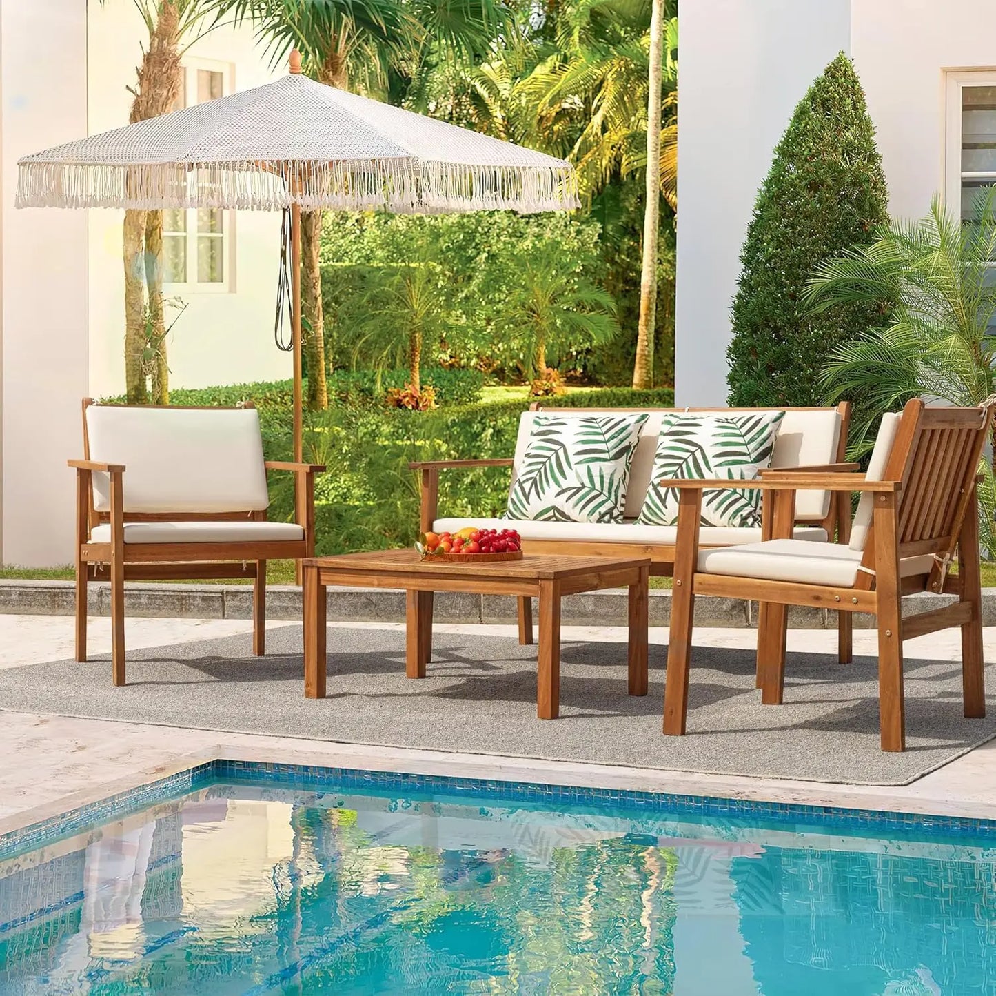 XIAOLANG Acacia Wood 4 Piece Patio Conversation Set With Table