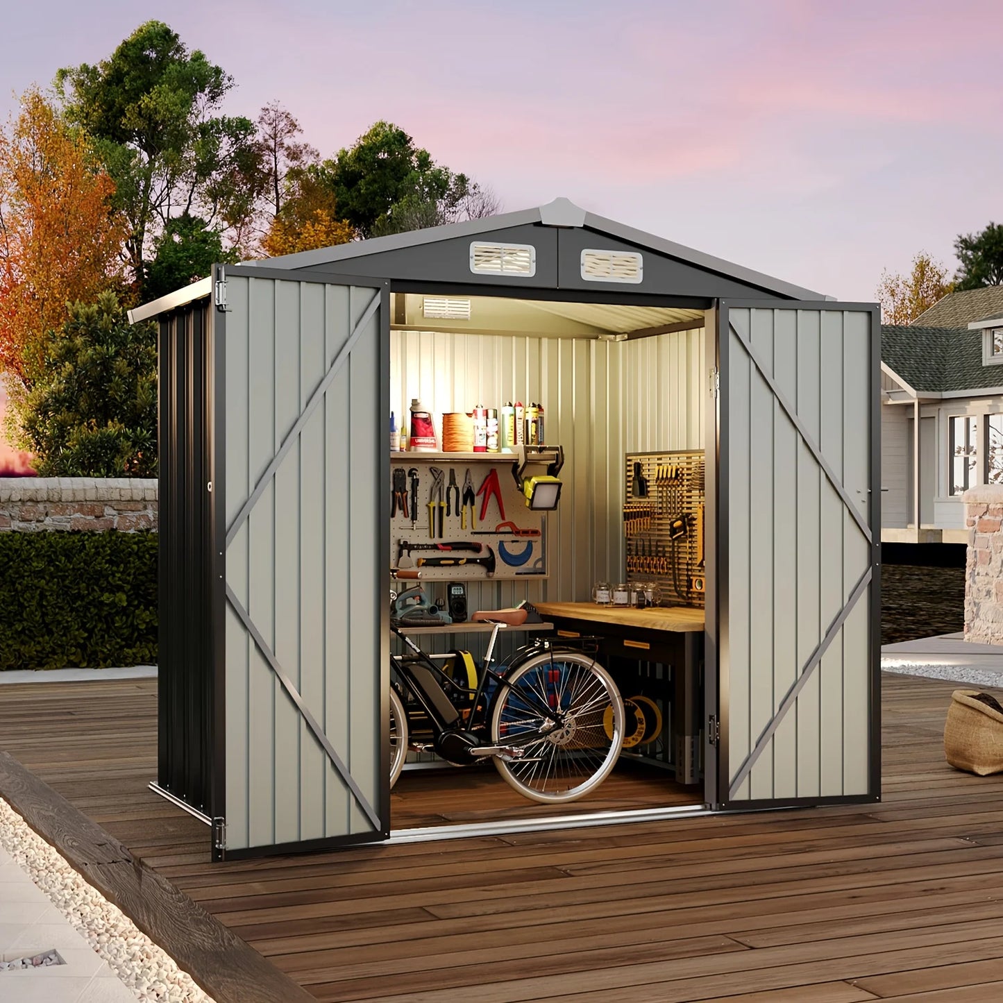 Gable Roof Metal Storage Shed With Lockable Doors And Ventilation