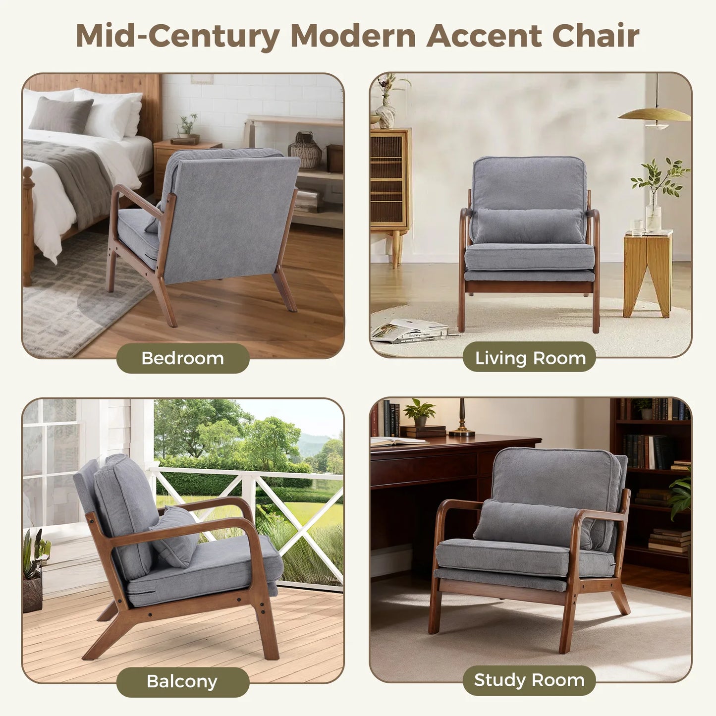 JHK Mid Century Modern Chair Solid Wood Frame With Arms