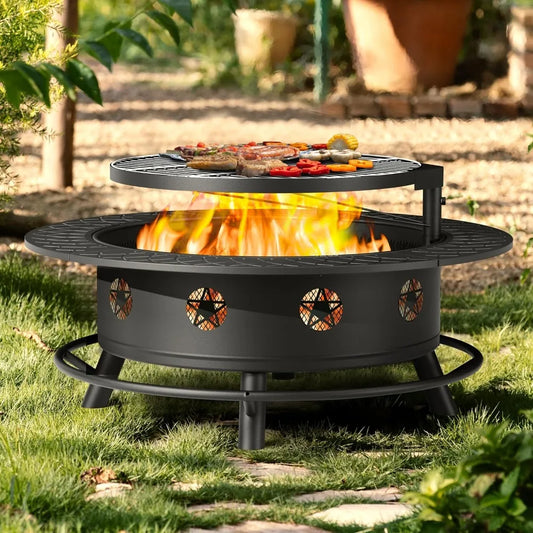 Outdoor Fire Pit With Grill Lid And PokerSet HeavyDuty