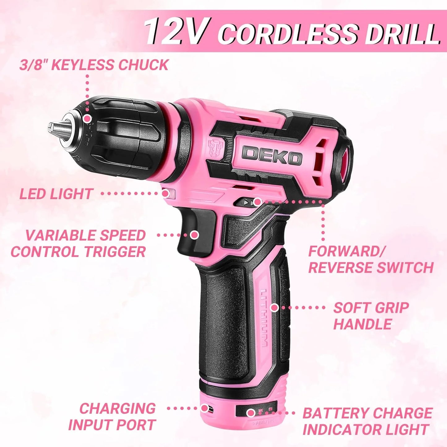 DEKO 12V Cordless Drill and Home Mechanic Toolbox Set with Organizer