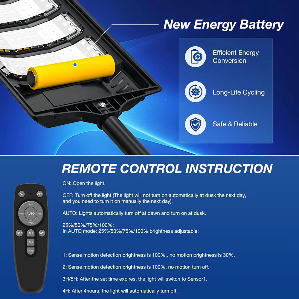 80000LM Solar LED Street Light with Motion Sensor Waterproof Garden Lamp