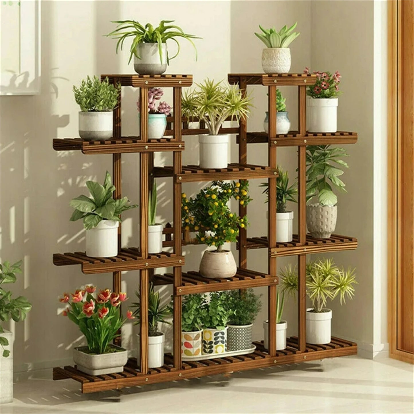 11 Tier Wood Plant Stand Carbonized Pot Display Shelf Garden Office Decor