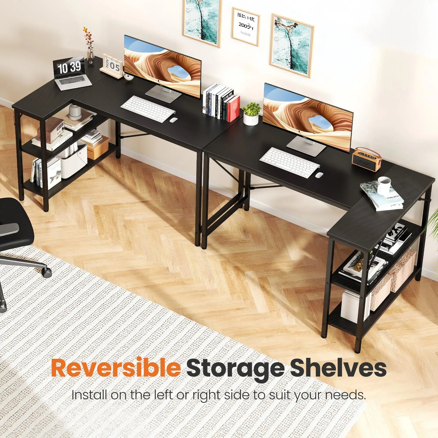 JHK L Shaped Desk With Reversible Storage Shelves For Office