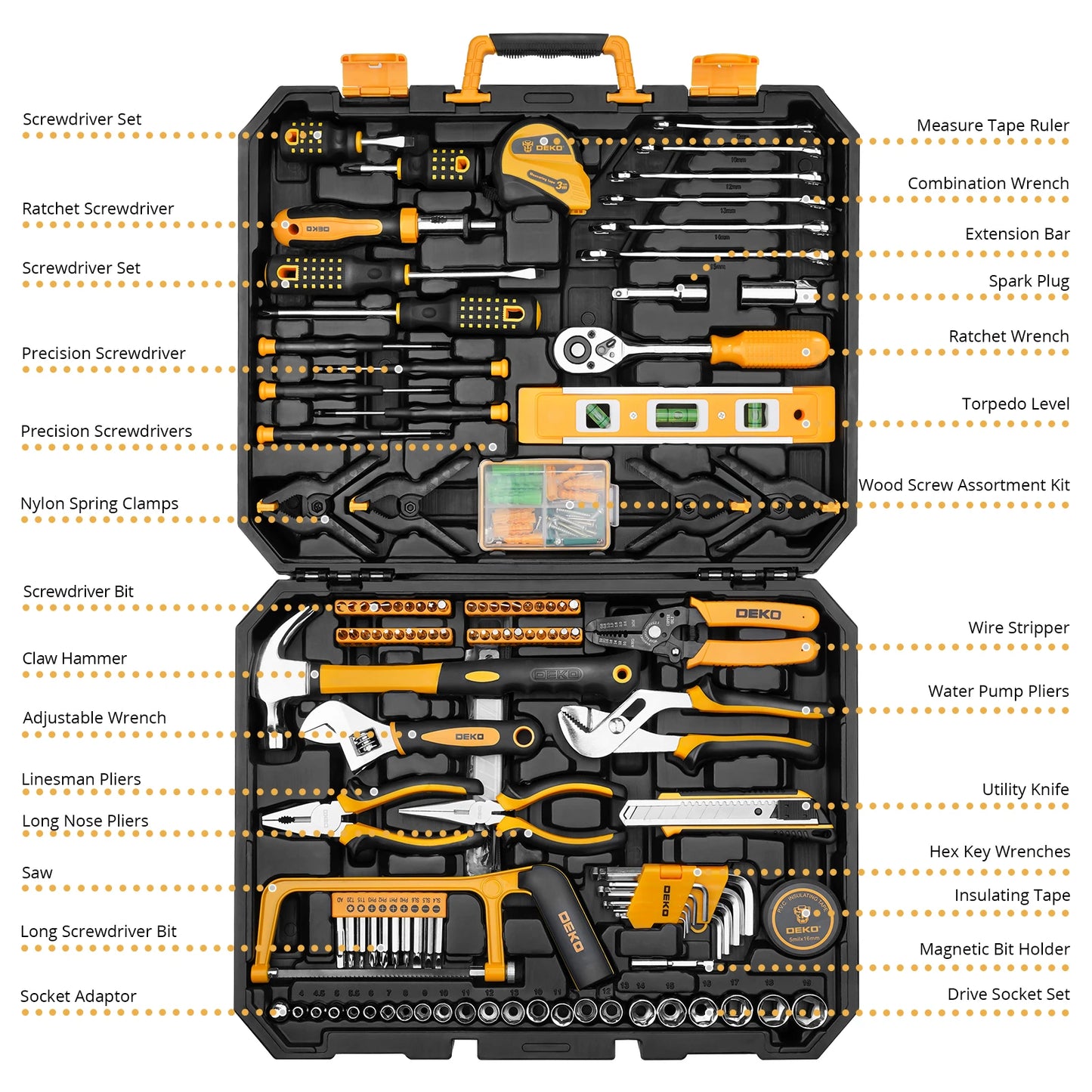 DEKOPRO 228Pcs Socket Wrench Auto Repair Tool Set Plastic Toolbox Storage Case