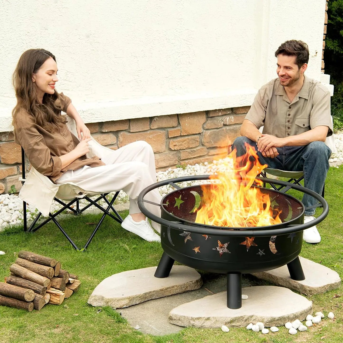Round Fire Pit With Mesh Cover Star Moon Design Customized