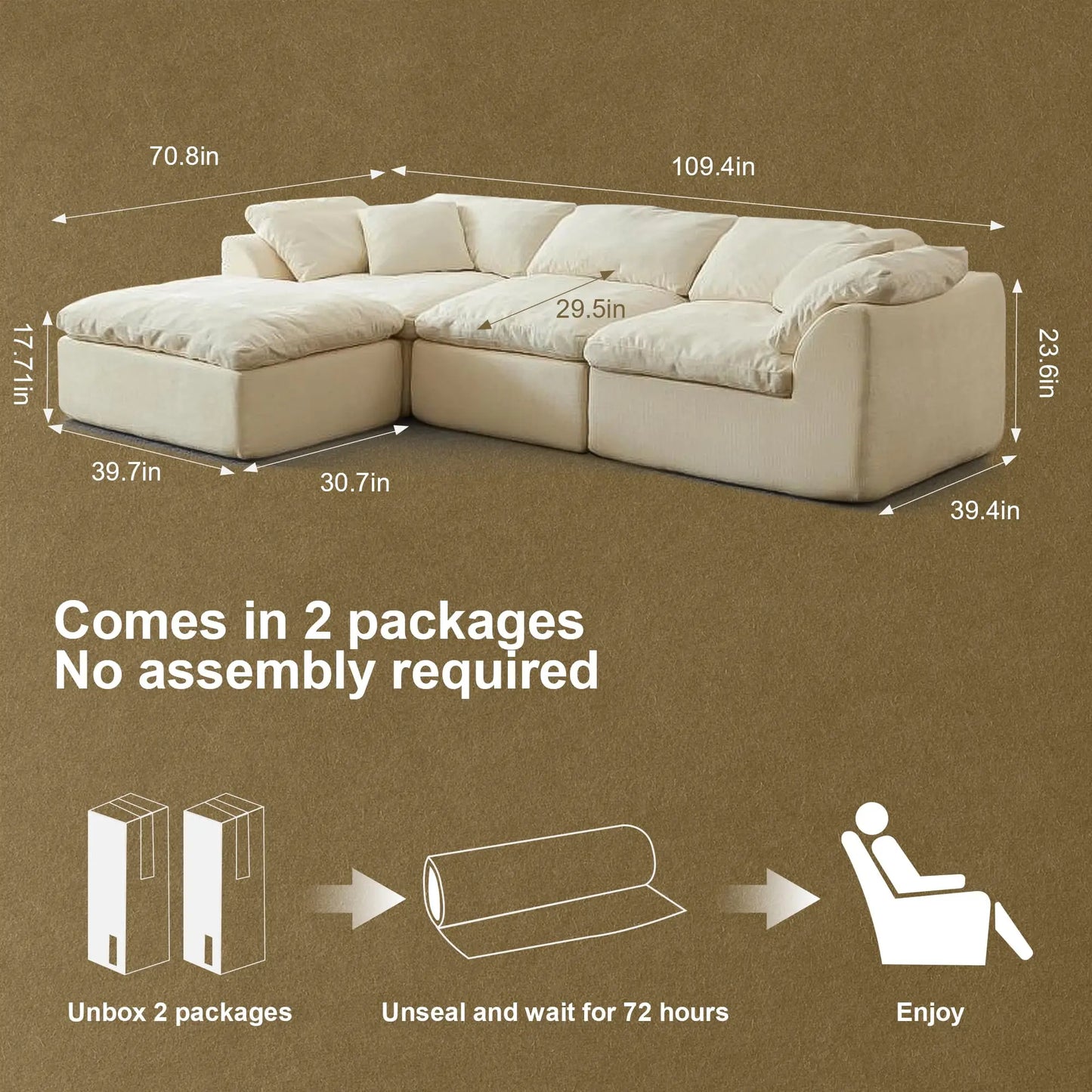 Yeflixvrau Modern Cloud L Shaped 3 Seater Chenille Sofa With Ottoman