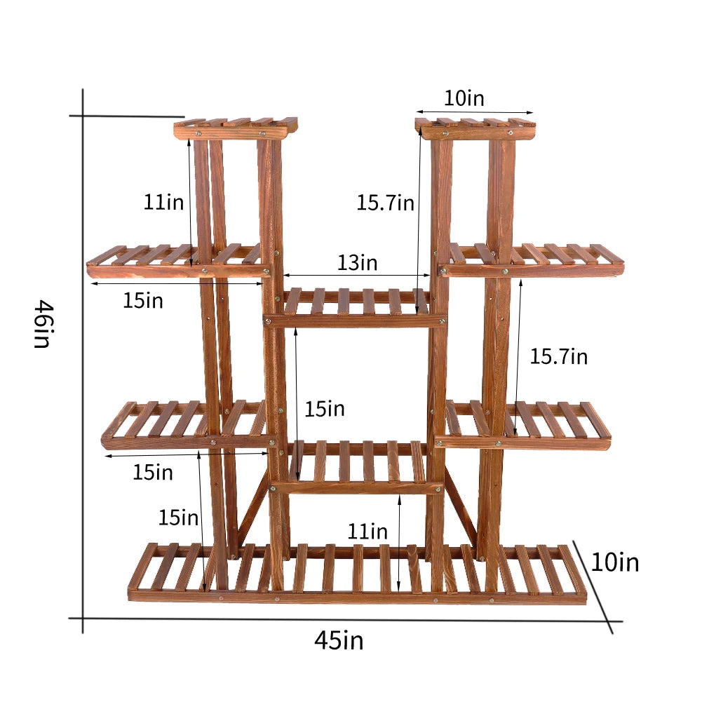 11 Tier Wood Plant Stand Carbonized Pot Display Shelf Garden Office Decor