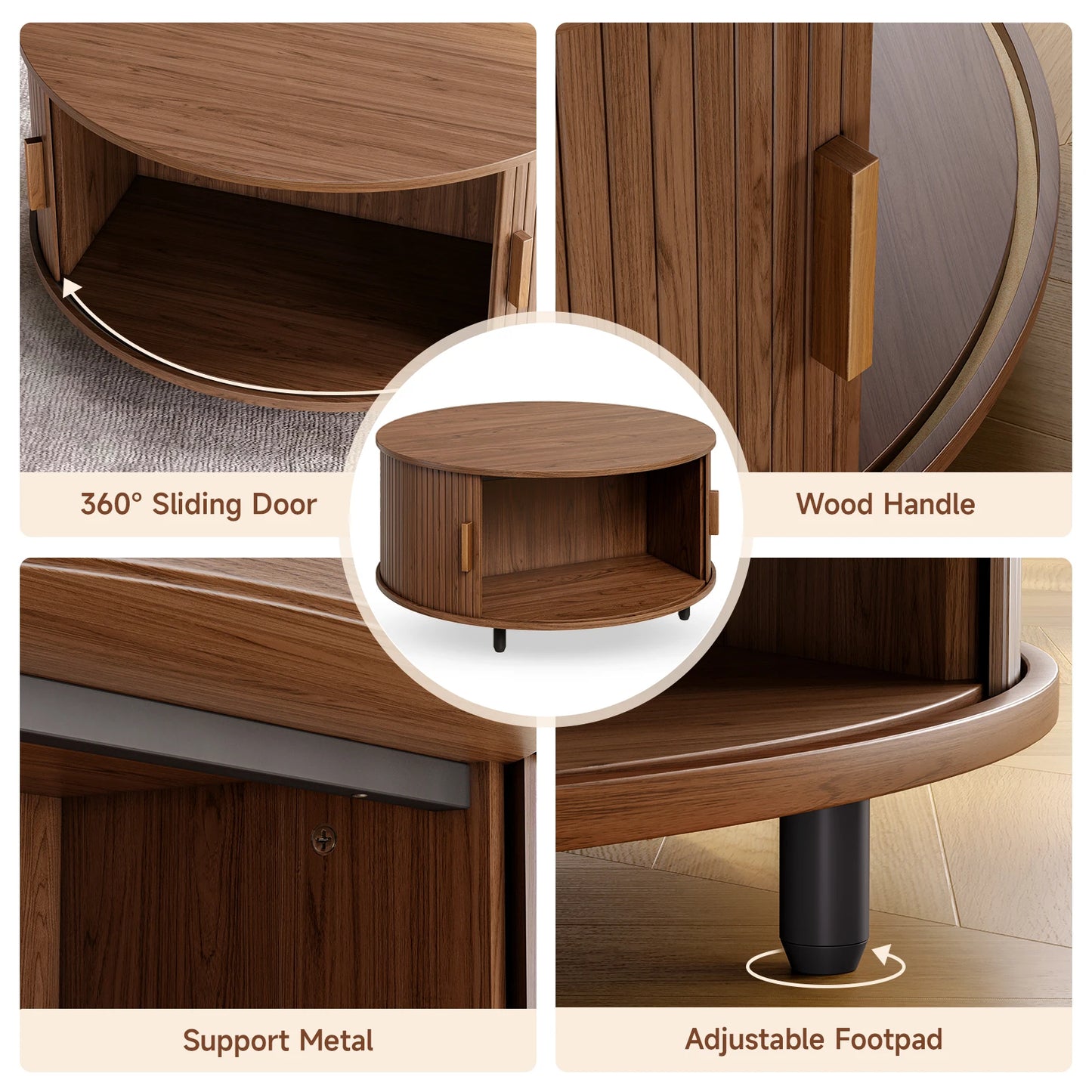 ONBRILL Round Coffee Table With Storage And 360 Degree Sliding Door