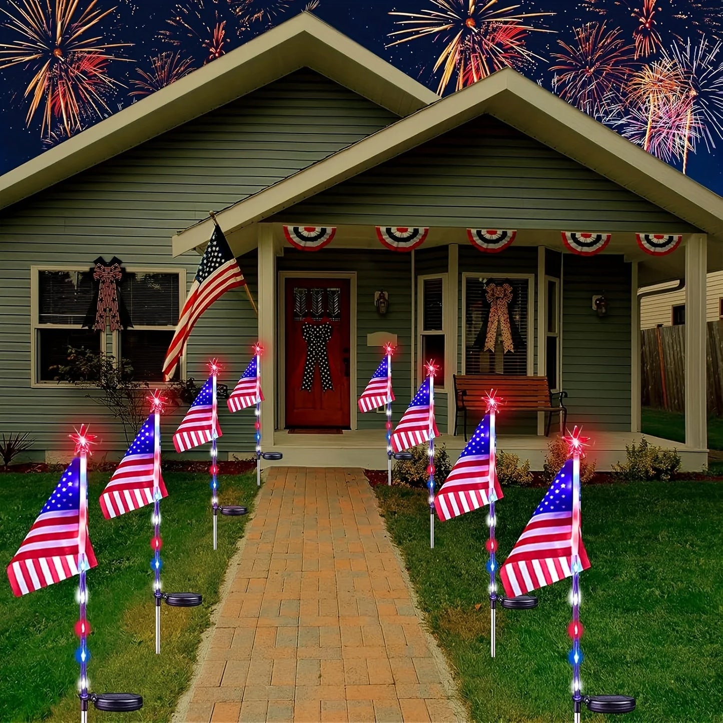 YIMIA USA Flag LED Solar Lights 8 Pack Garden Path