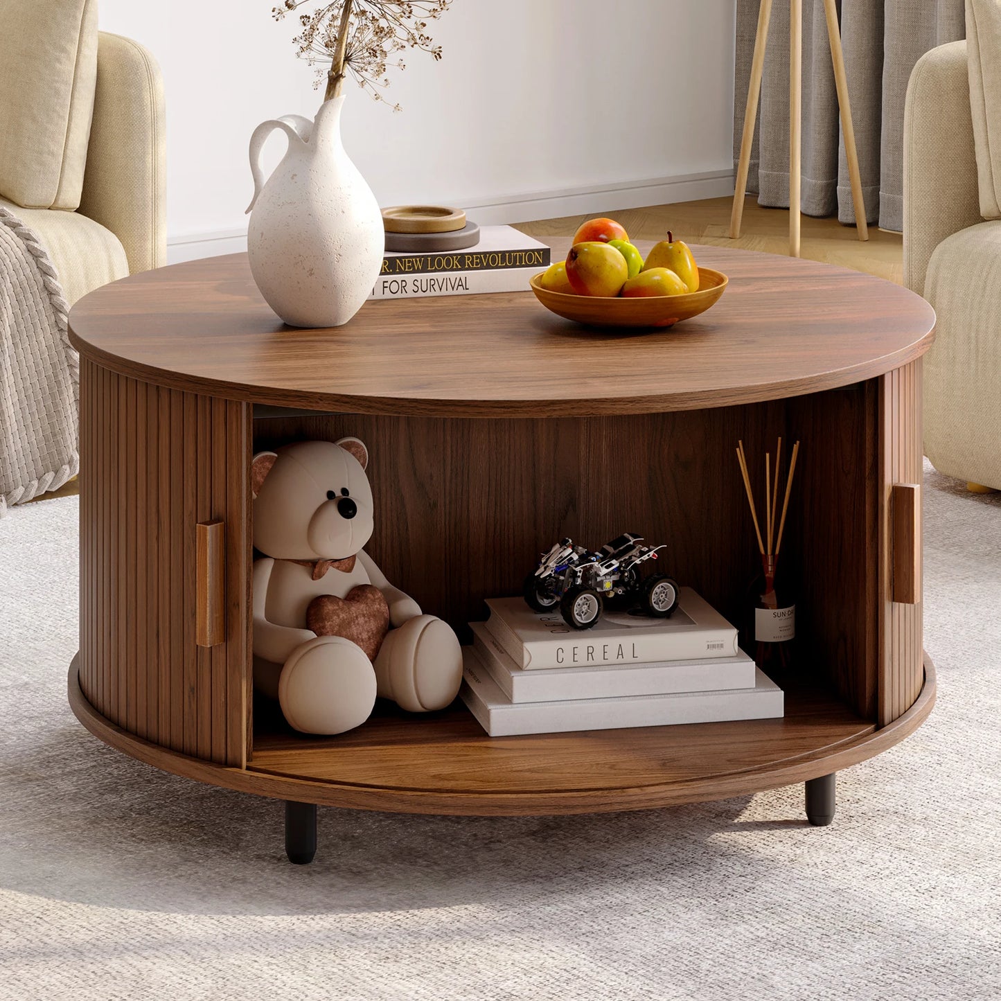 ONBRILL Round Coffee Table With Storage And 360 Degree Sliding Door