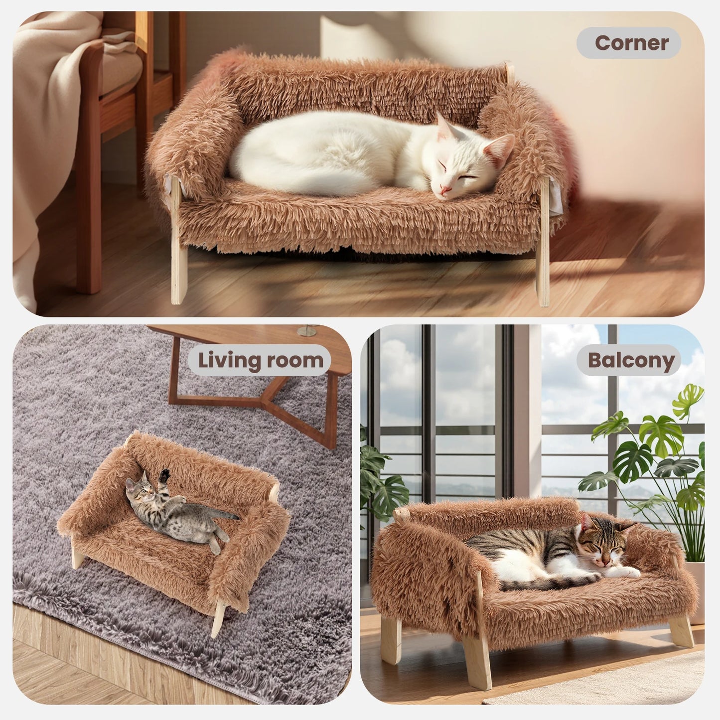 Wooden Leg Raised Plush Cat Sofa Bed for Indoor Cats