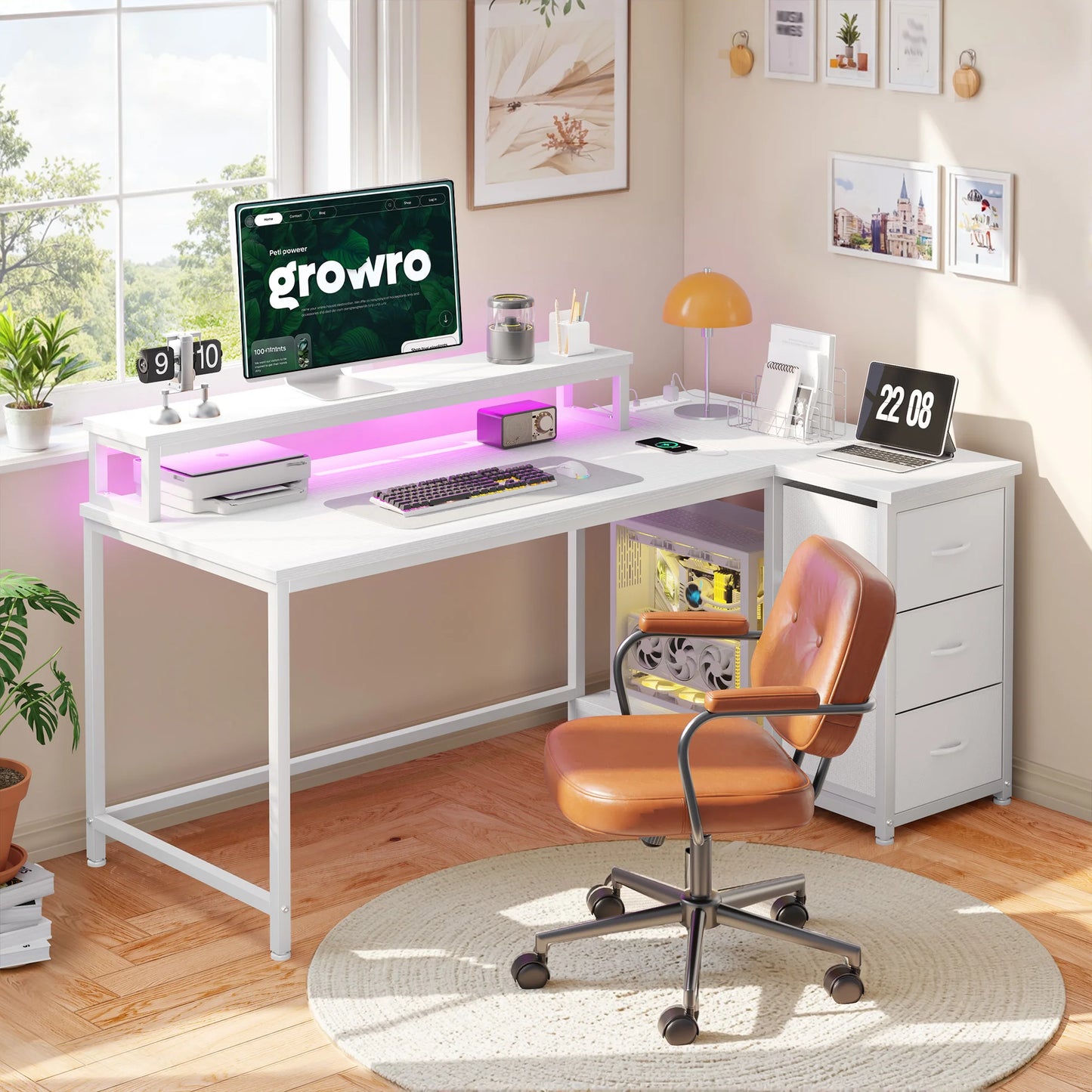 EnHomee L Shaped Gaming Desk With Monitor Stand 3 Drawers And Power Outlet