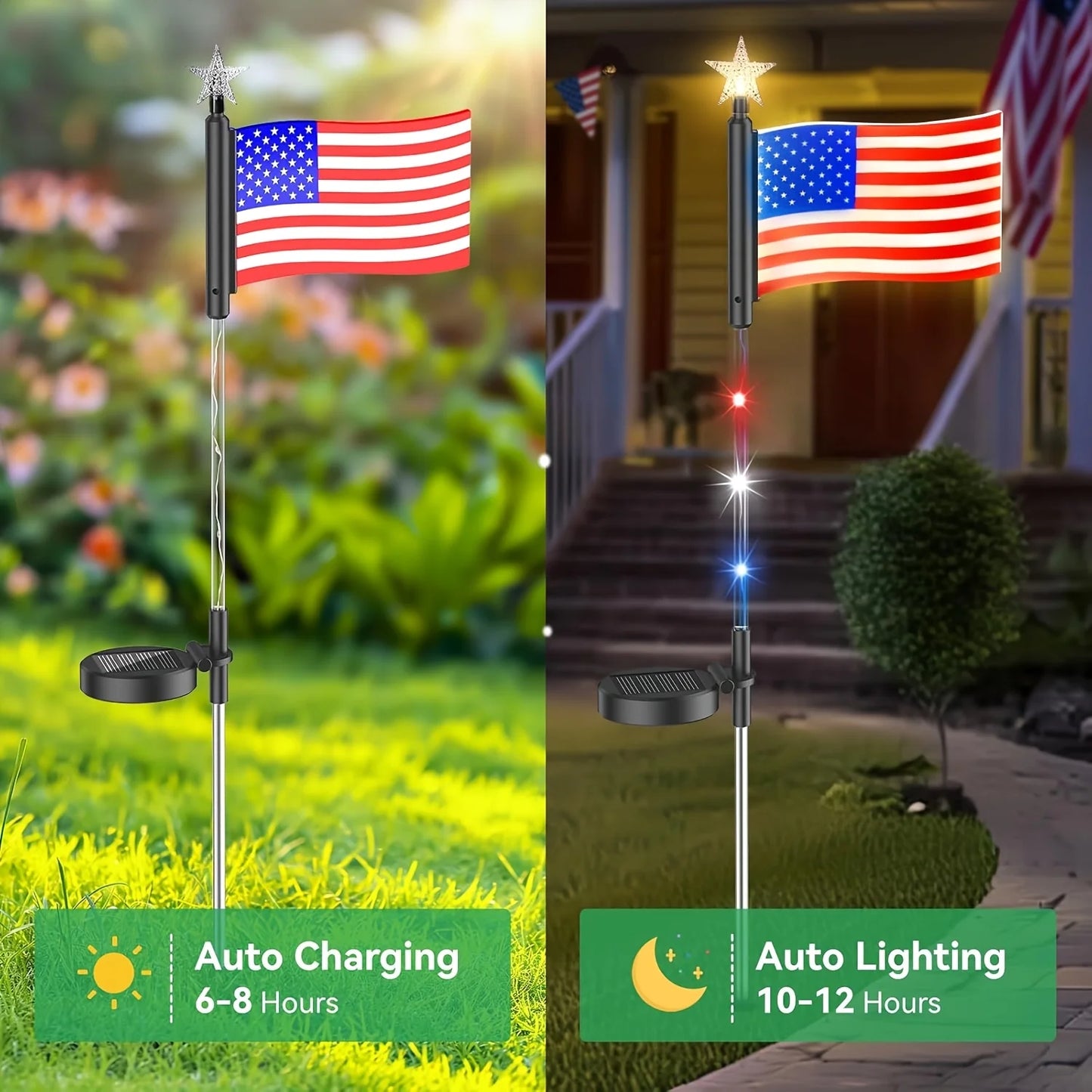 YIMIA USA Flag LED Solar Lights 8 Pack Garden Path