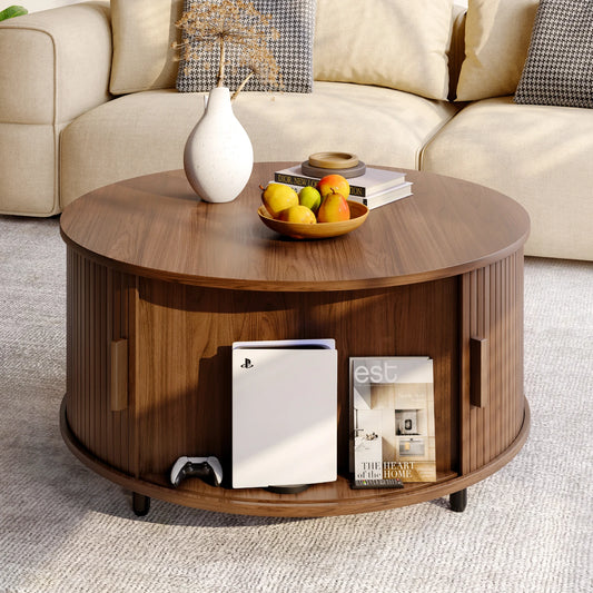 ONBRILL Round Coffee Table With Storage And 360 Degree Sliding Door