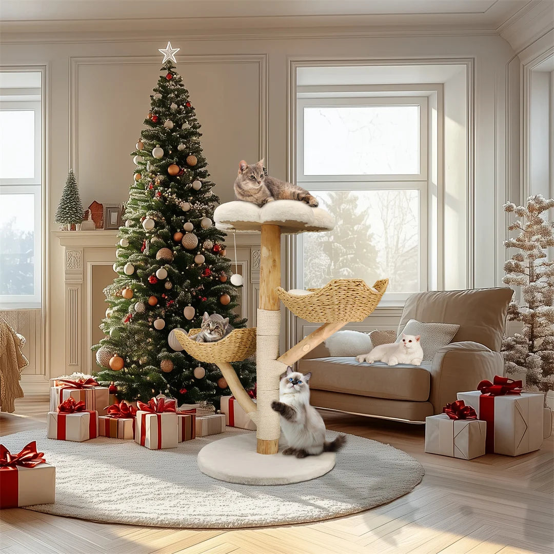 BINGOPAW Cat Furniture Climbing Tree Solid Wood Activity Center Scratching Post