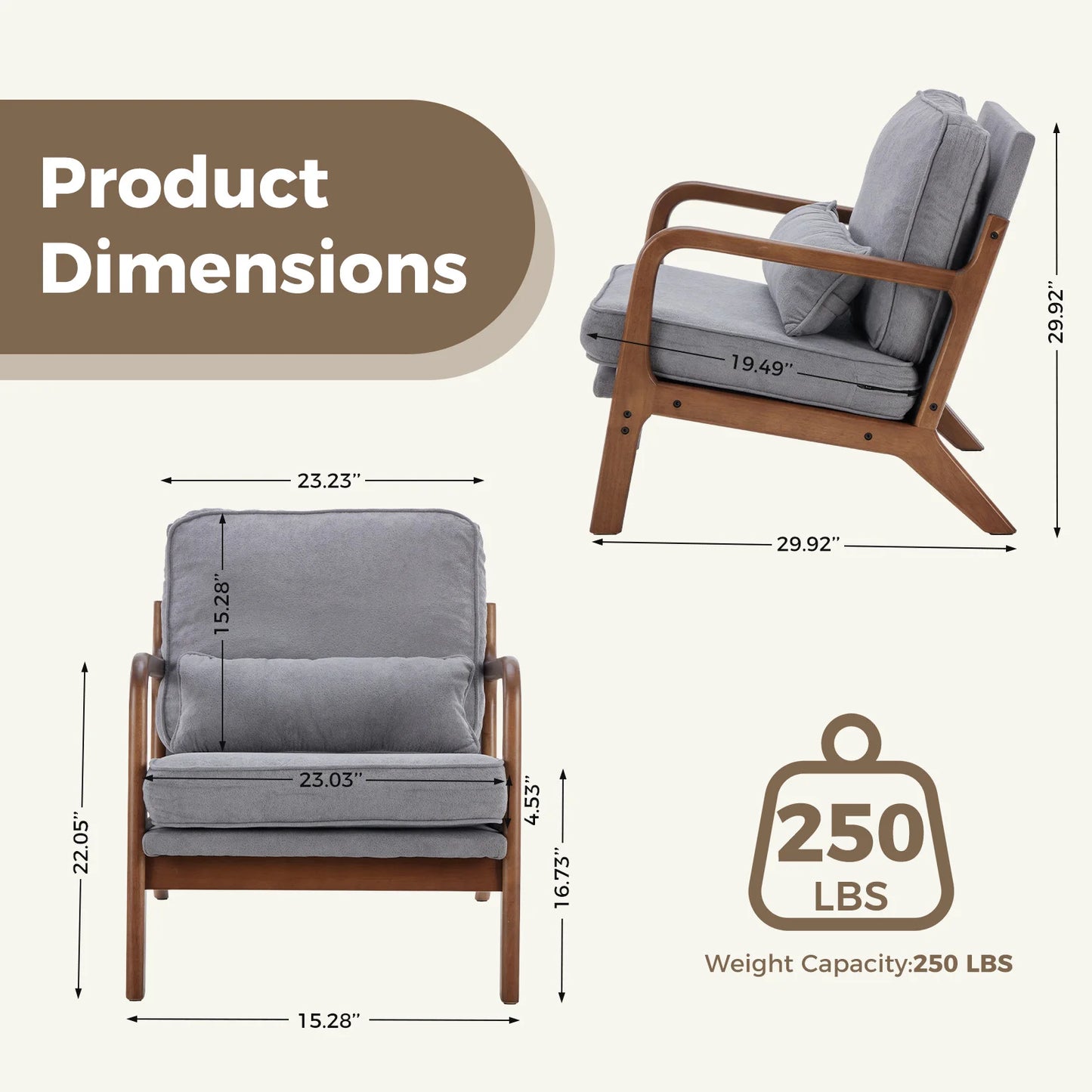 JHK Mid Century Modern Chair Solid Wood Frame With Arms