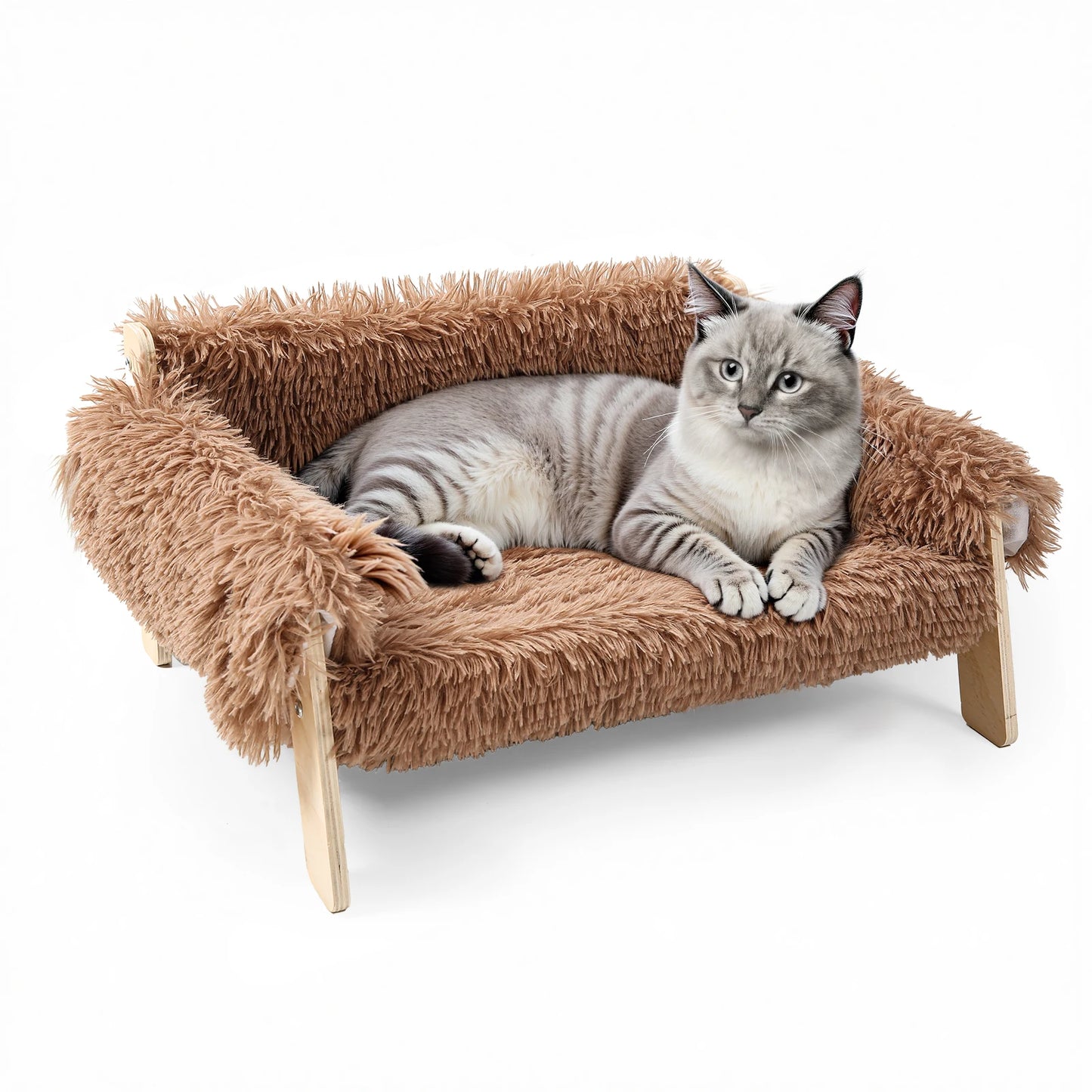 Wooden Leg Raised Plush Cat Sofa Bed for Indoor Cats