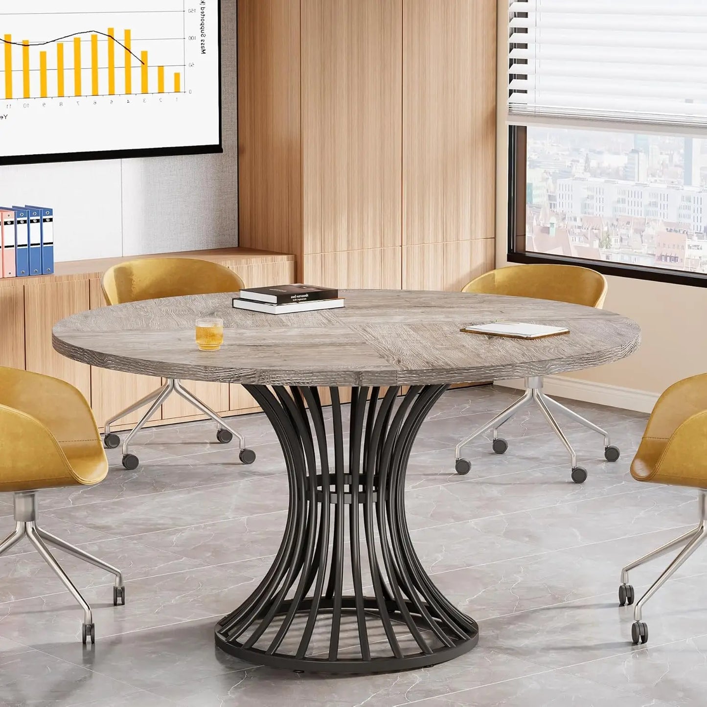 Little Tree Round Conference Table For 4 To 6 With Metal Base