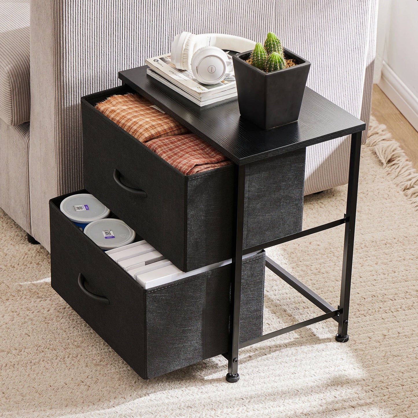JHK Nightstand Bedside Storage Cabinet With Fabric Drawers