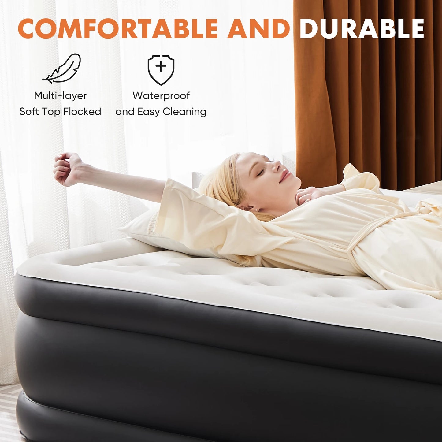 JHK Air Mattress With Skin Friendly Flocking Top And Non Slip Bottom