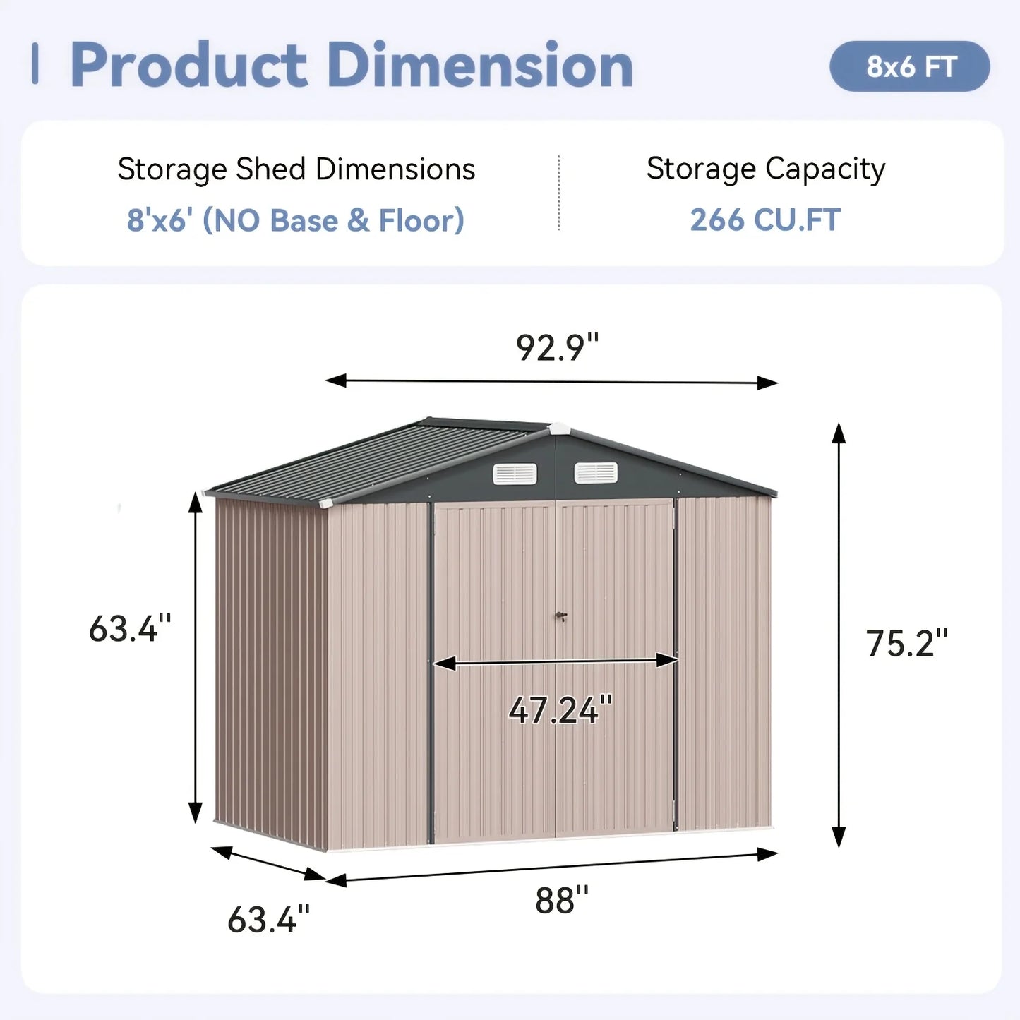 Gable Roof Metal Storage Shed With Lockable Doors And Ventilation