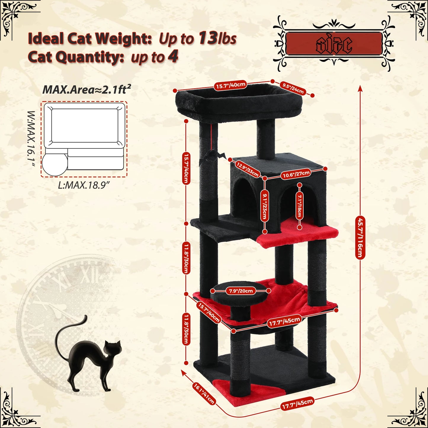 PAWZ Road Gothic Cat Tree Indoor Five Tier Tower With Hammock