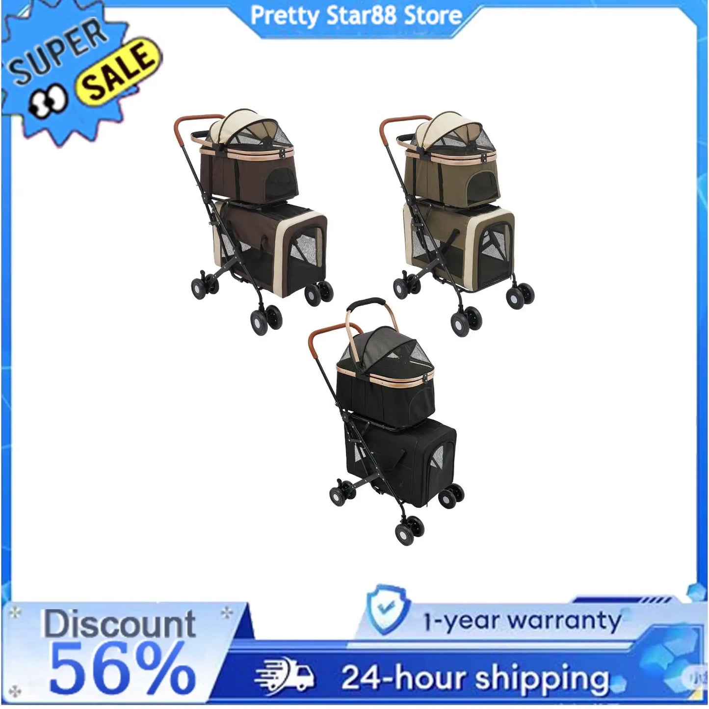 Bymaocar Foldable Pet Stroller for Small and Medium Dogs Two Tier Load 35kg