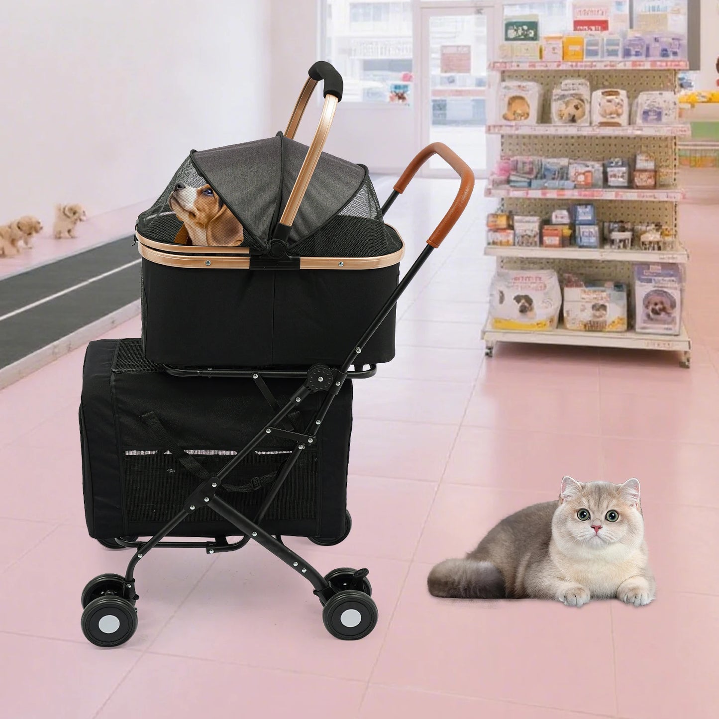 Bymaocar Foldable Pet Stroller for Small and Medium Dogs Two Tier Load 35kg
