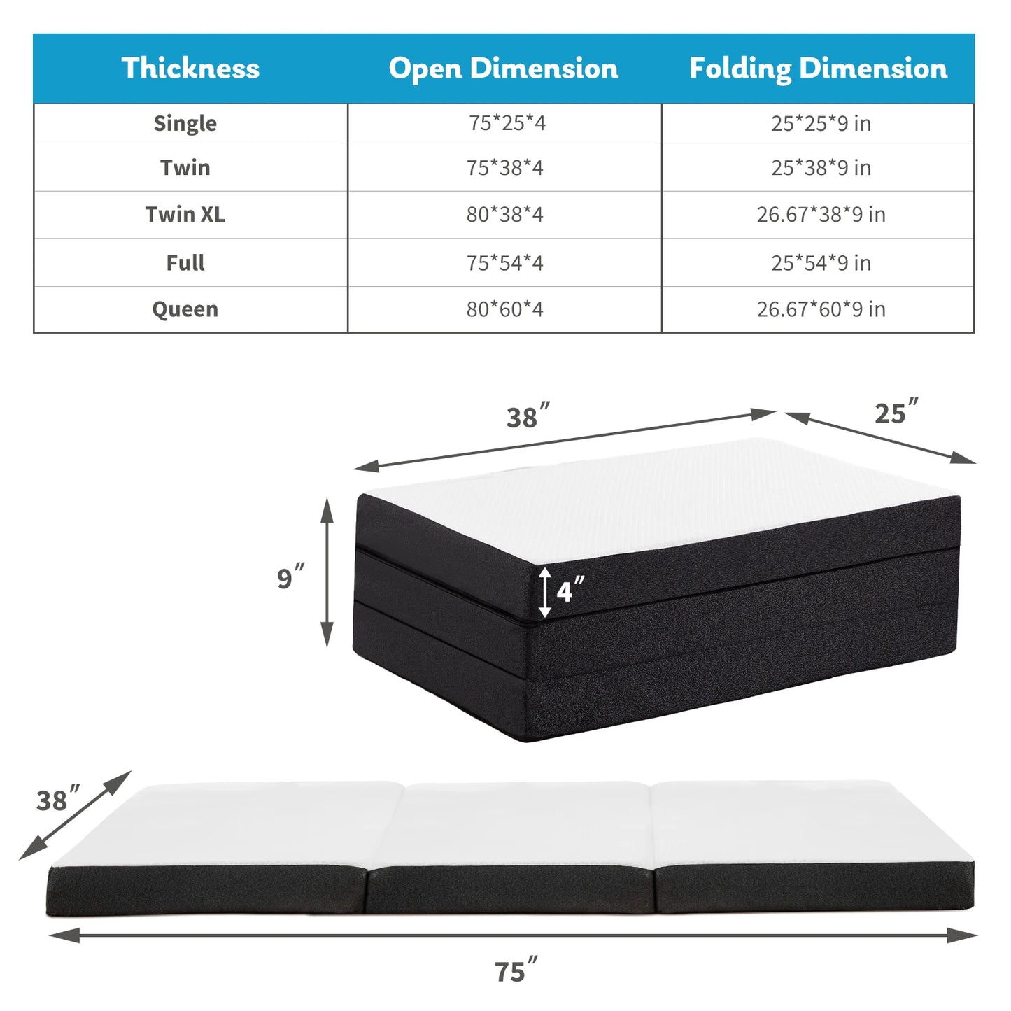 JHK Tri-Fold Memory Foam Travel Mattress With Collapsible Washable Cover