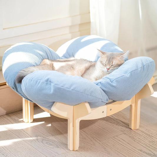 Raised Wooden Cat Bed With Soft Cushion For Indoor Lounging