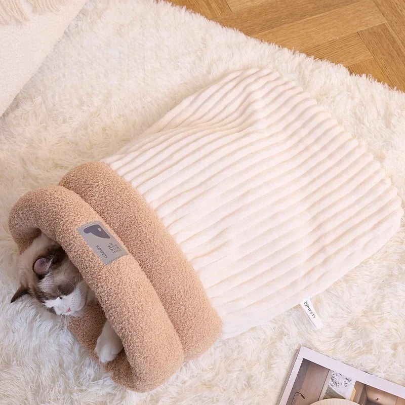 Warming Plush Cat Sleeping Bag Enclosed Snuggle Sack for Winter