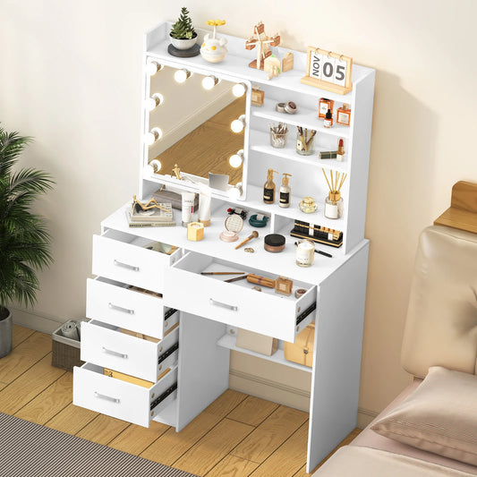 Teousev White Vanity Desk With LED Mirror And 5 Drawers