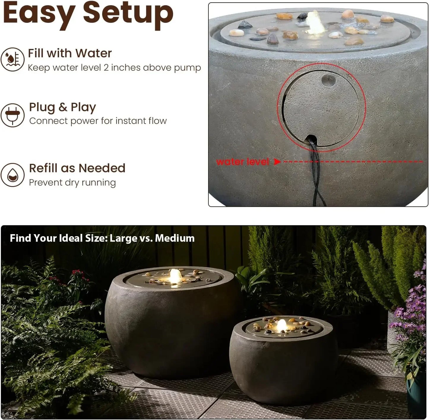 Garden Water Fountain Outdoor Round Bubbler Water Feature With Lights And Pump