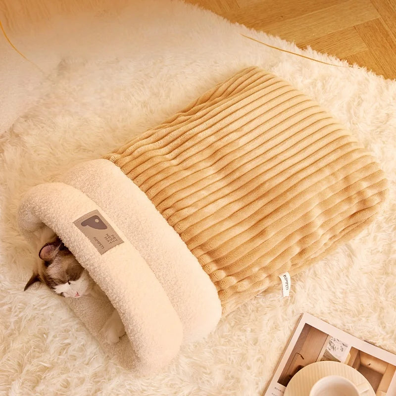 Warming Plush Cat Sleeping Bag Enclosed Snuggle Sack for Winter