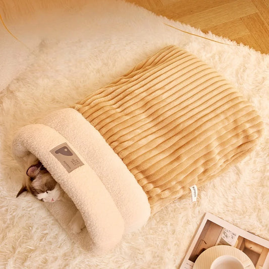 Warming Plush Cat Sleeping Bag Enclosed Snuggle Sack for Winter