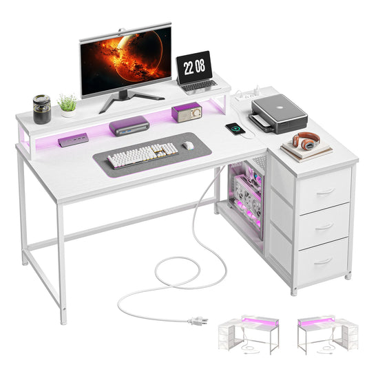 EnHomee L Shaped Gaming Desk With Monitor Stand 3 Drawers And Power Outlet
