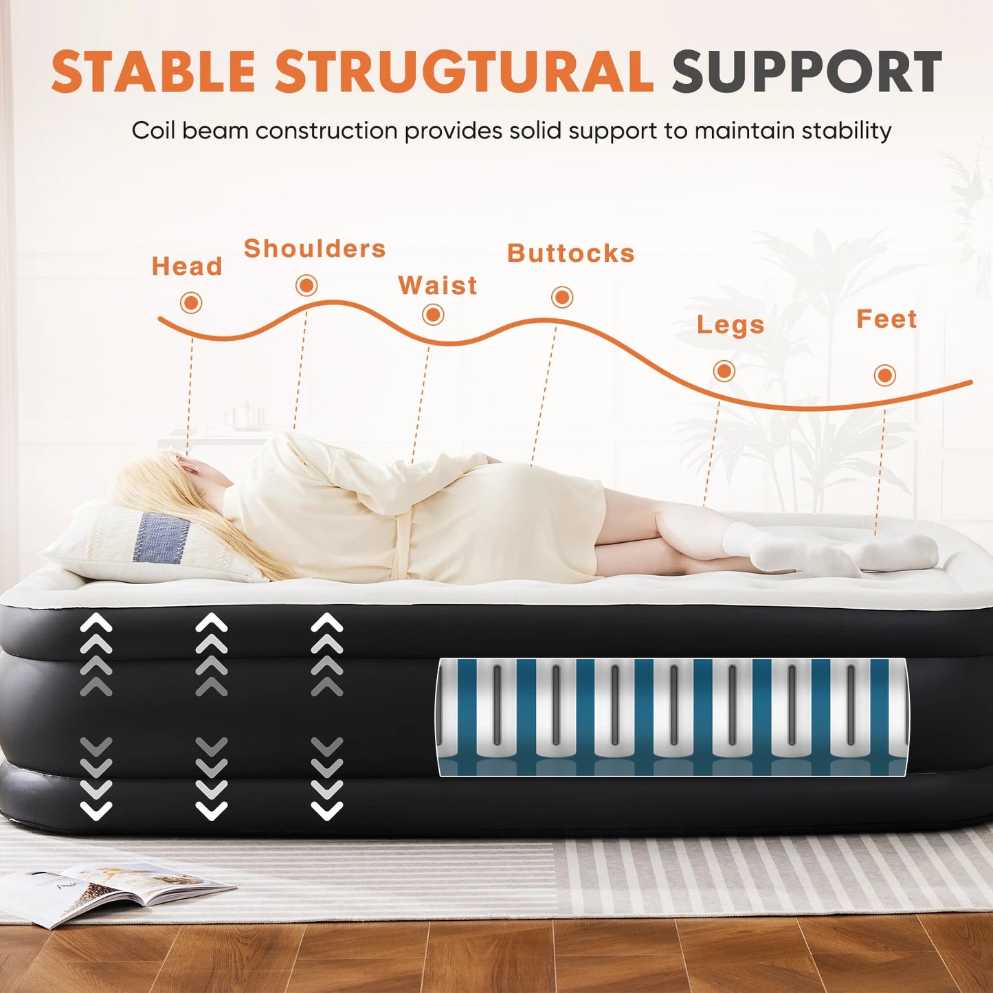 JHK Air Mattress With Skin Friendly Flocking Top And Non Slip Bottom