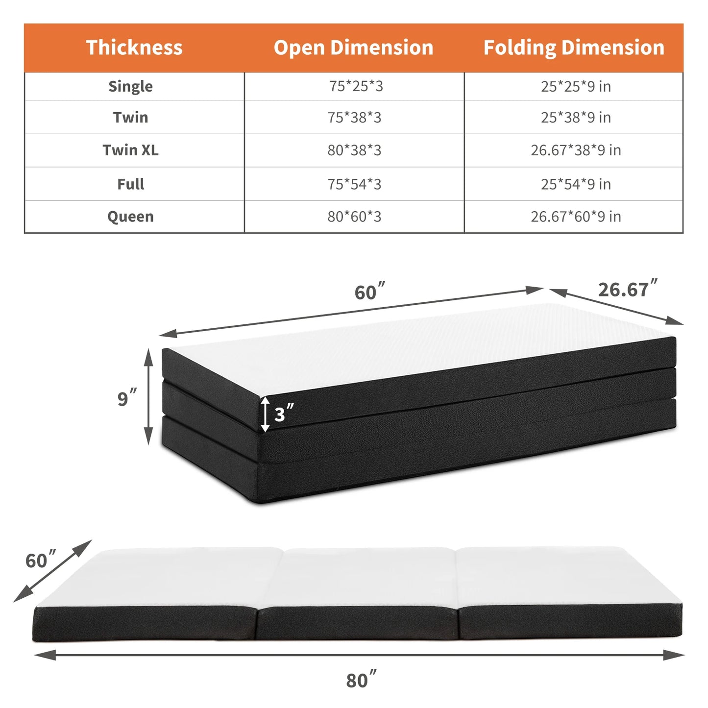 JHK Tri-Fold Memory Foam Travel Mattress With Collapsible Washable Cover