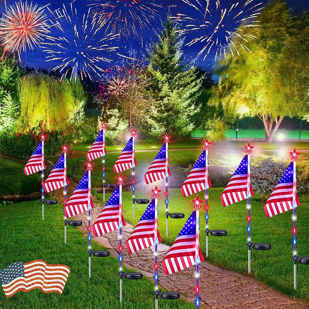 YIMIA USA Flag LED Solar Lights 8 Pack Garden Path