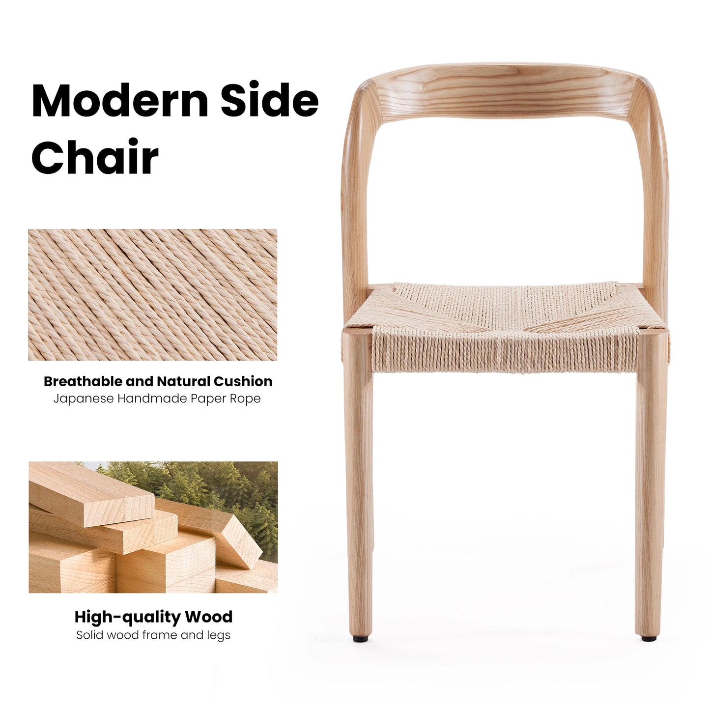 FARINI Ash Wood Stackable Dining Chairs Midcentury Modern Set 2