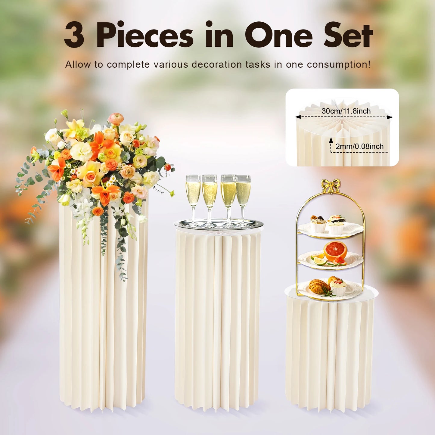 Three Piece Wedding Flower Stand Set Cylinder Foldable Cardboard Centerpieces