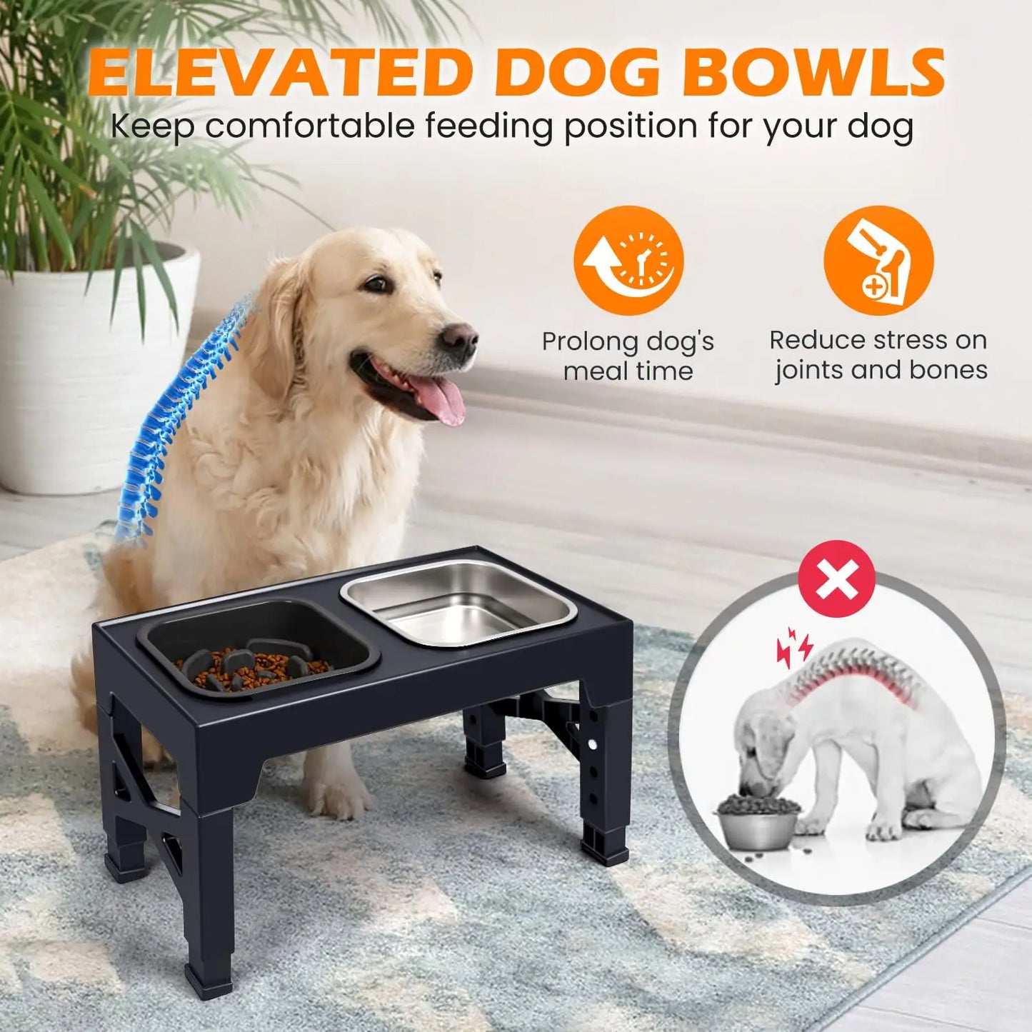 2 In 1 Elevated Slow Feeder Dog Bowls Non Slip Foldable Stand