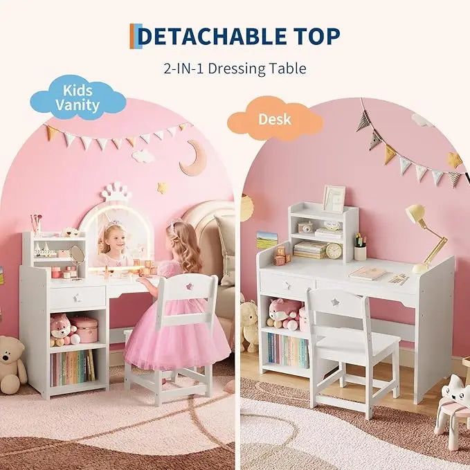 HiMISS Kids Vanity With Lights Princess Makeup Desk And Chair