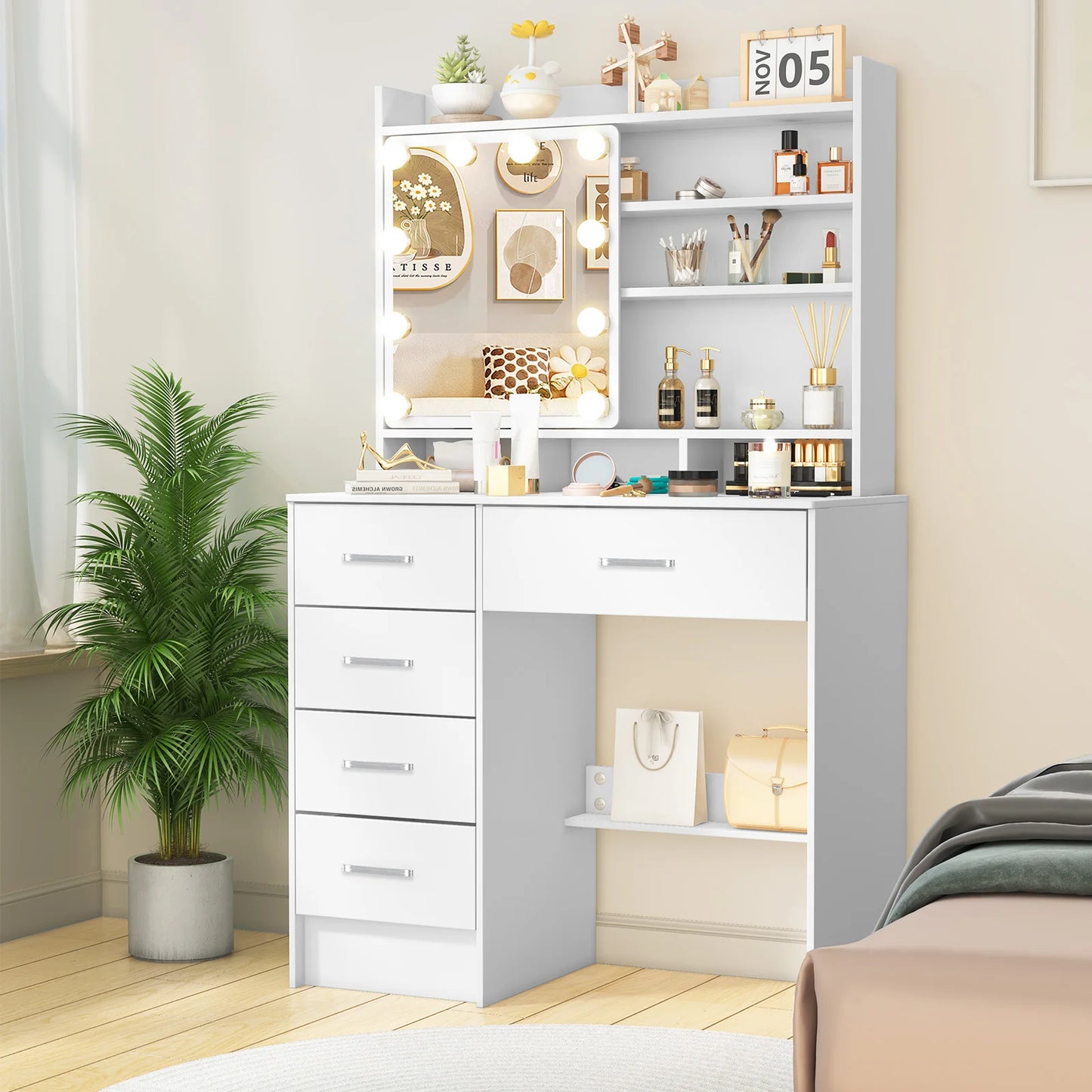Teousev White Vanity Desk With LED Mirror And 5 Drawers